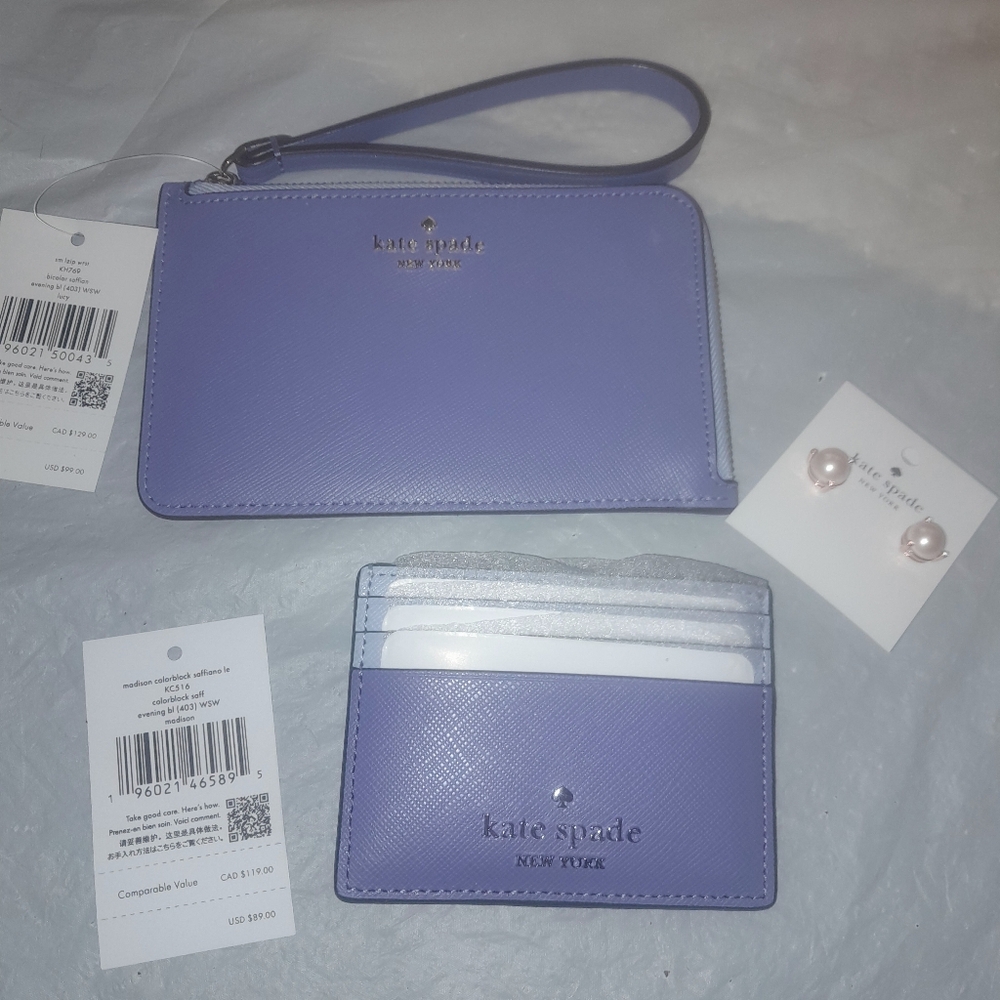 New Kate Spade Lucy Small L Zip Wristlet  & Matching Madison Card Case & Earring